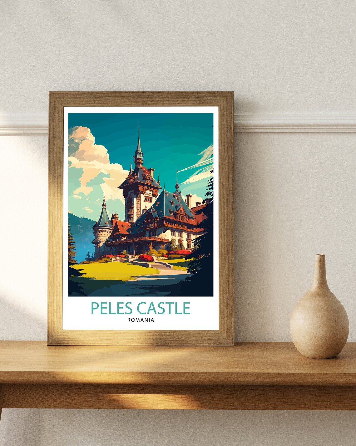 Peles Castle Romania Fairytale Chateau Mountain Travel Poster - Image 3
