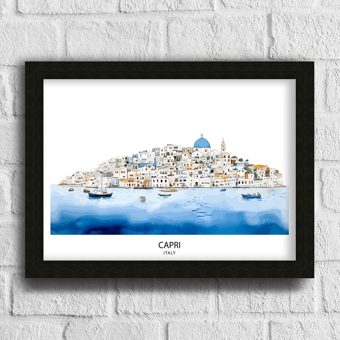 Capri Italy Island Town Panorama Blue Sea Harbor Boats Wide Poster - Image 3