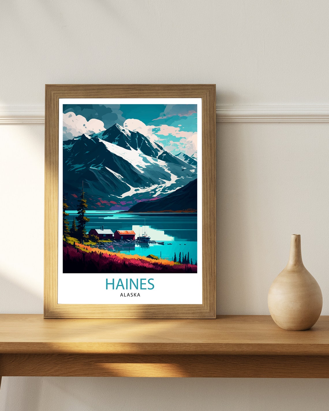 Haines Alaska Glacier Mountain Lake Travel Poster With Cabin Art - Image 2