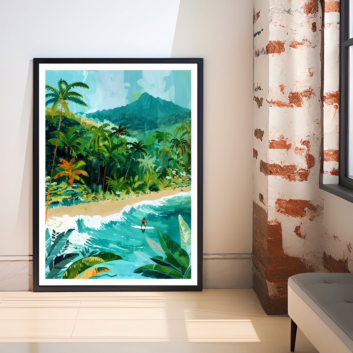 Hawaii Tropical Beach Surfing Palm Trees Volcano Island Travel Poster - Image 2