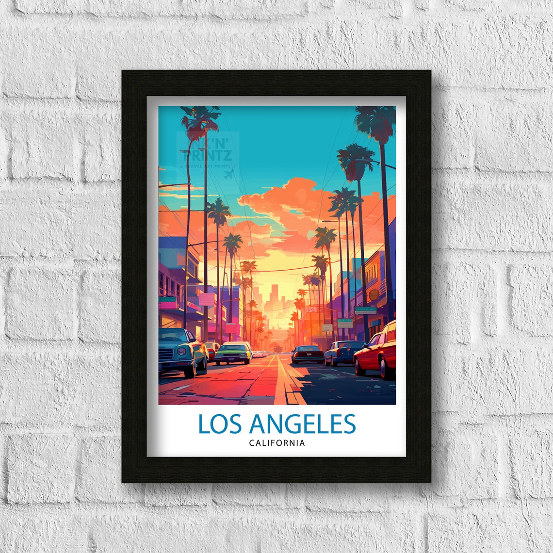 Los Angeles California Sunset Palm Boulevard Retro Car Poster - Image 2