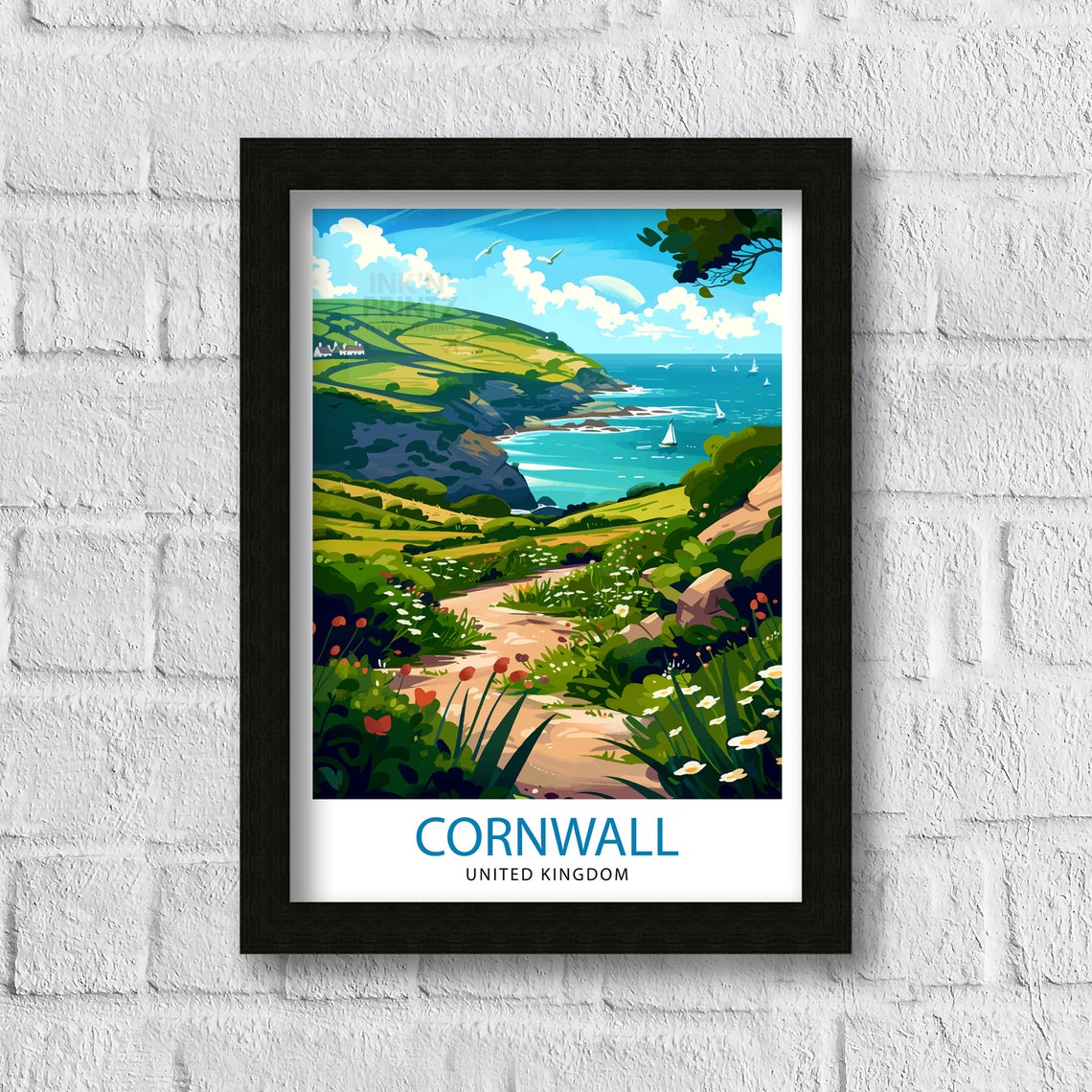 Cornwall United Kingdom Coastal Path Sailboats Cliff View Poster - Image 3
