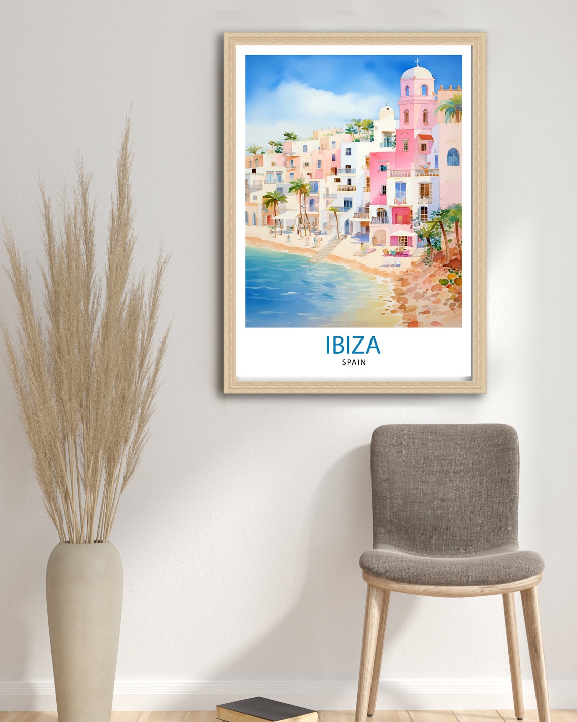 Ibiza Spain Whitewashed Old Town Beach Waterfront Scene Poster - Image 3