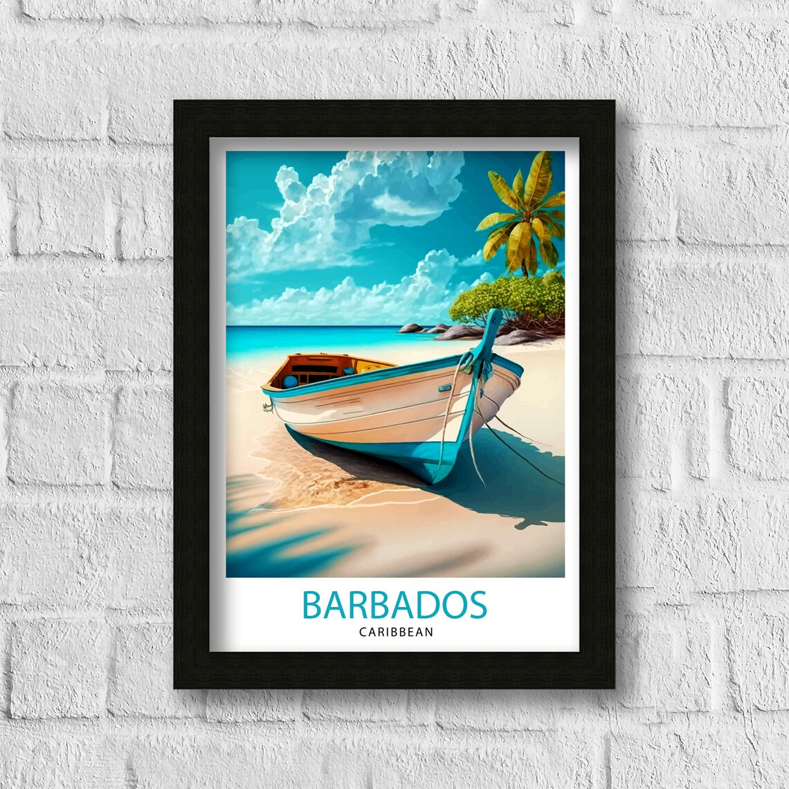 Barbados Caribbean Wooden Boat White Sand Tropical Palm Beach Poster - Image 3