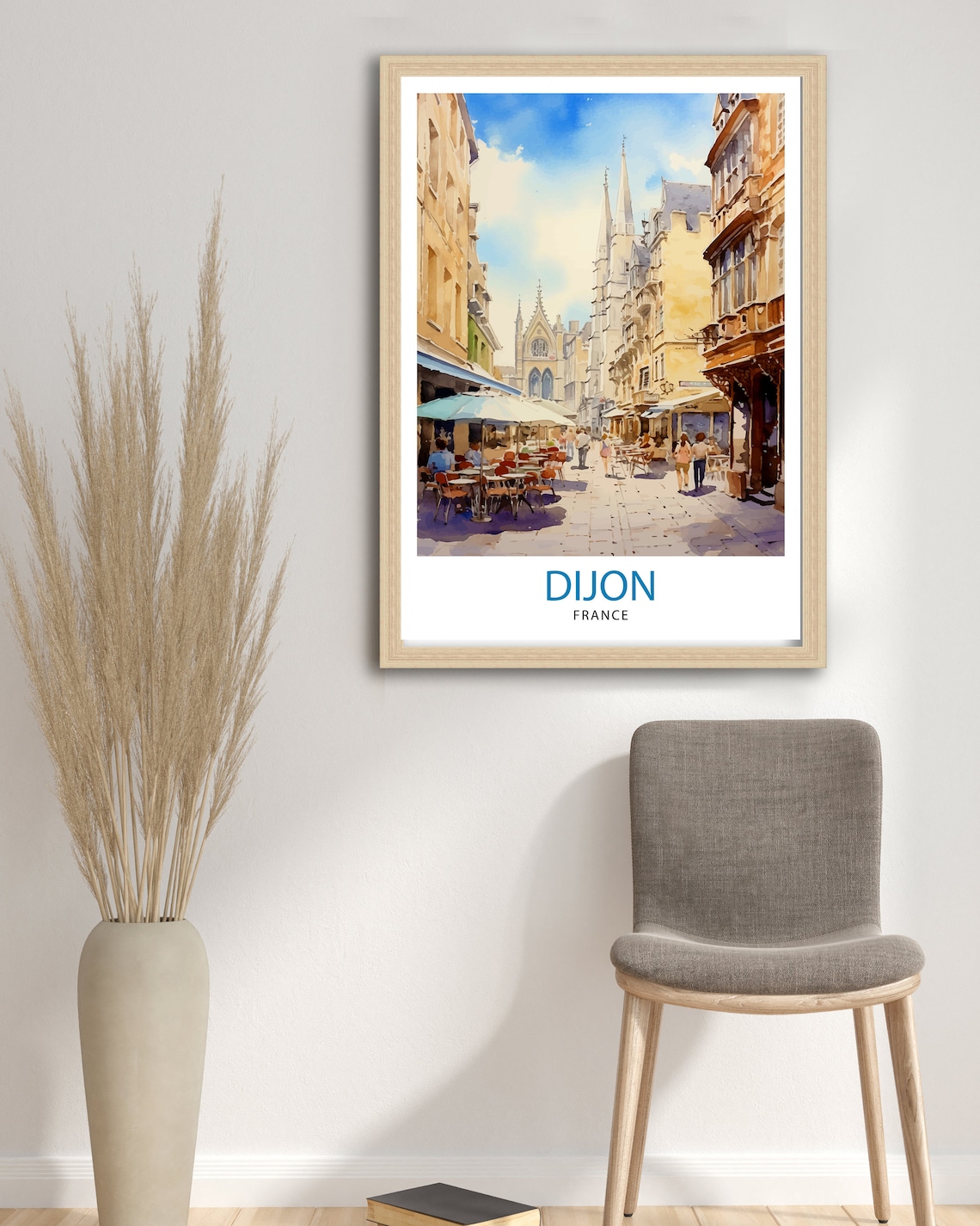 Dijon France Old Town Cathedral Cafe Street Watercolor Poster - Image 3