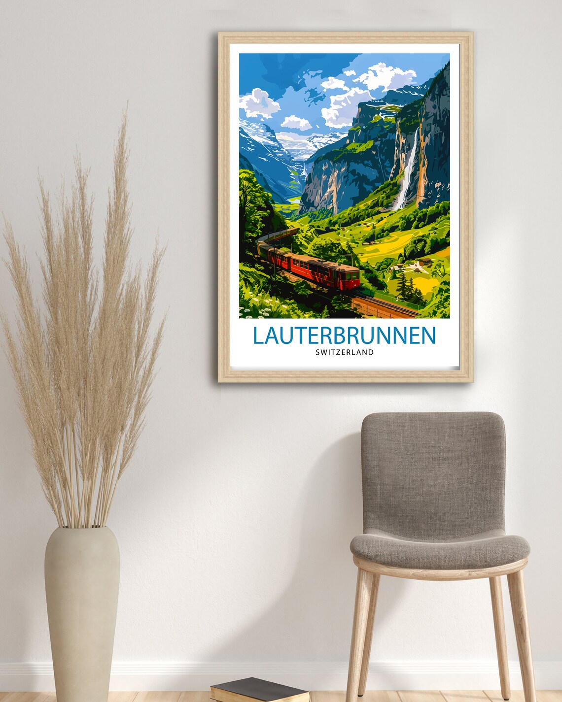 Lauterbrunnen Switzerland Red Train Waterfalls Valley Travel Poster - Image 2