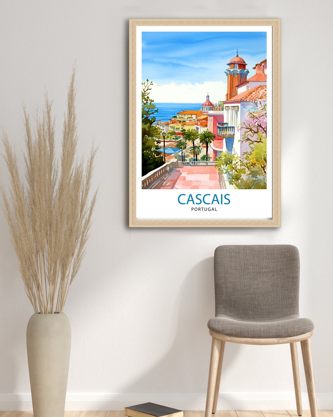 Cascais Portugal Watercolor Coastal Town Terrace Travel Poster - Image 3