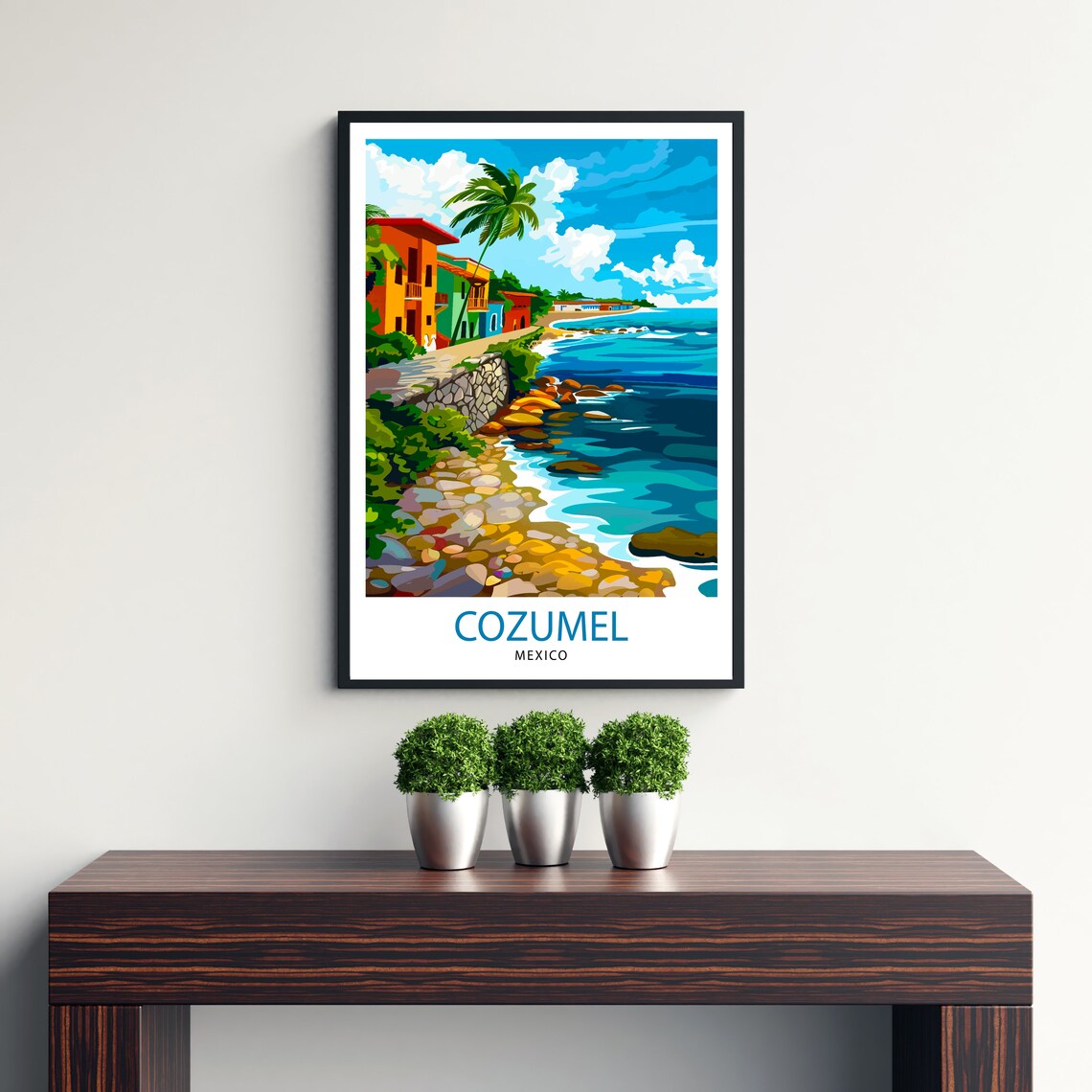Cozumel Mexico Caribbean Colorful Coastal Street Palm Sea View Poster - Image 3