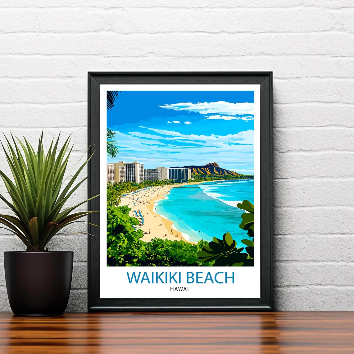Waikiki Beach Hawaii Diamond Head Surf Palms Ocean Travel Poster - Image 2