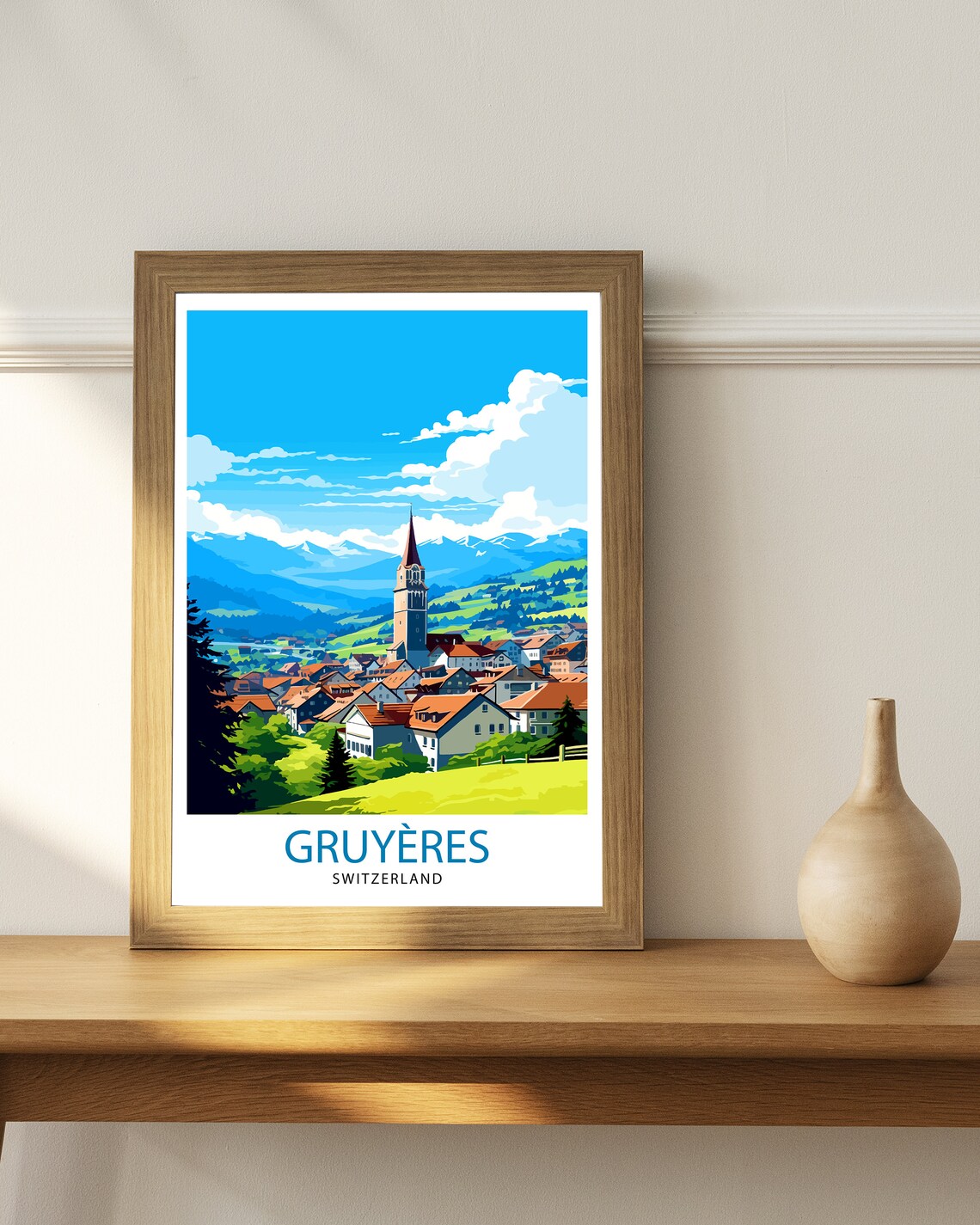 Gruyeres Switzerland Alpine Village Church Mountain View Poster - Image 3