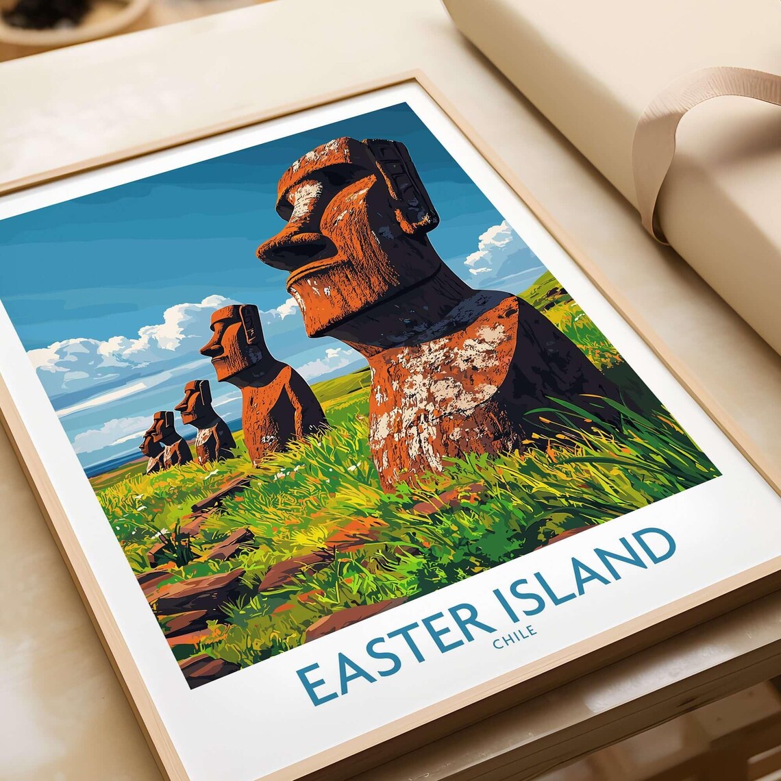 Easter Island Chile Moai Statues Hillside Vintage Travel Poster