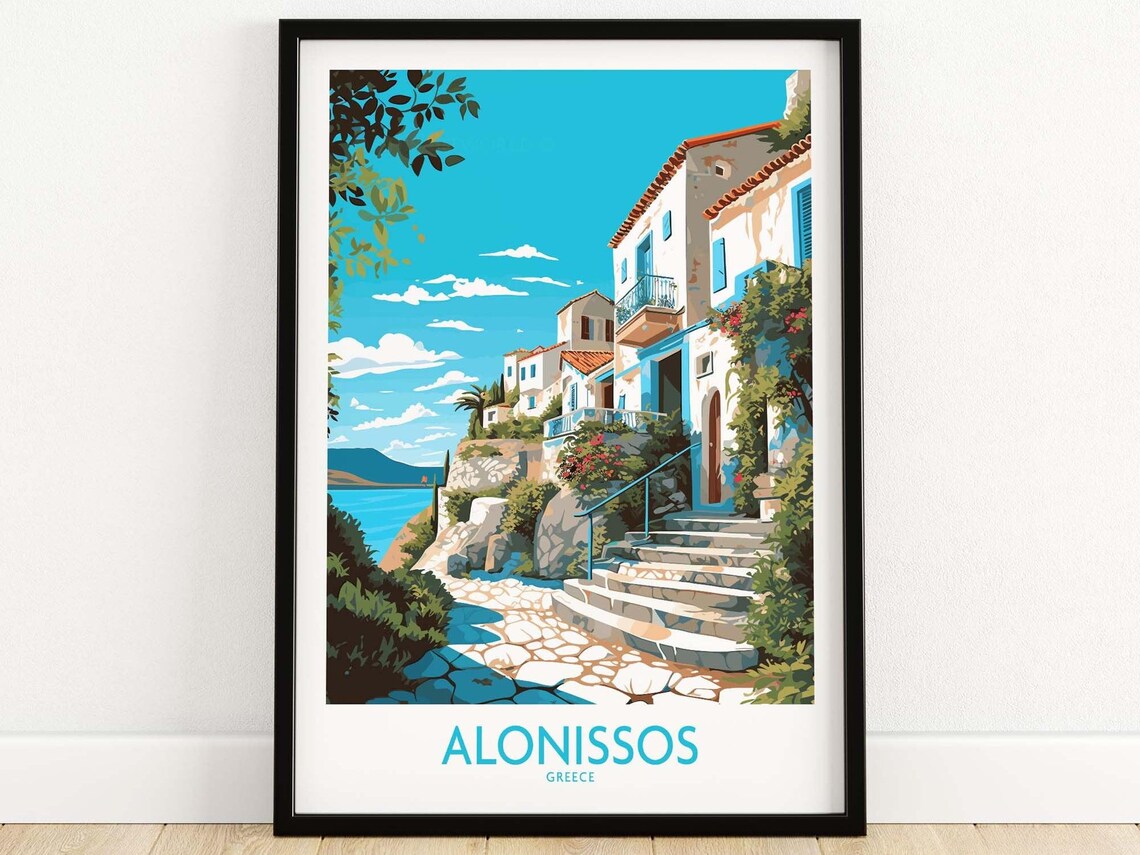 Alonissos Greece White Island Village Alley Blue Sea Steps Poster