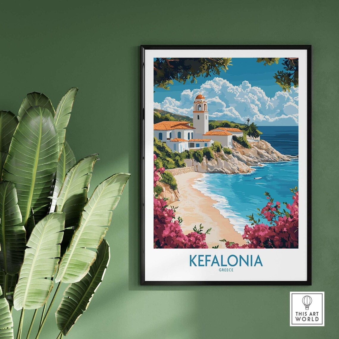 Kefalonia Greece Coastal Chapel Beach Bougainvillea Travel Poster - Image 2
