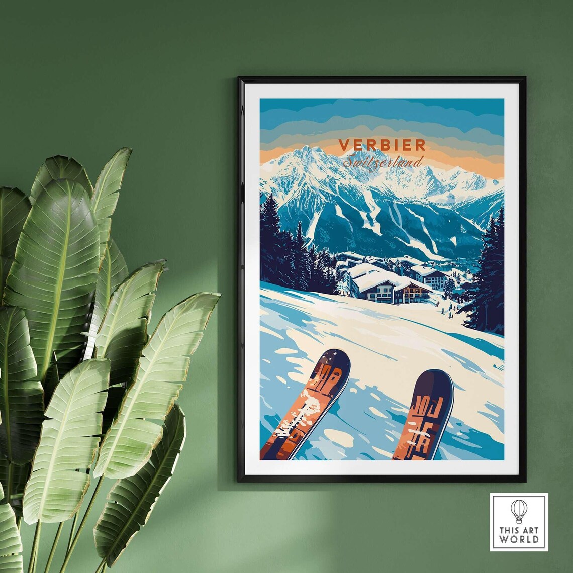 Verbier Switzerland Ski POV Snowy Peaks Chalet Winter Travel Poster - Image 2