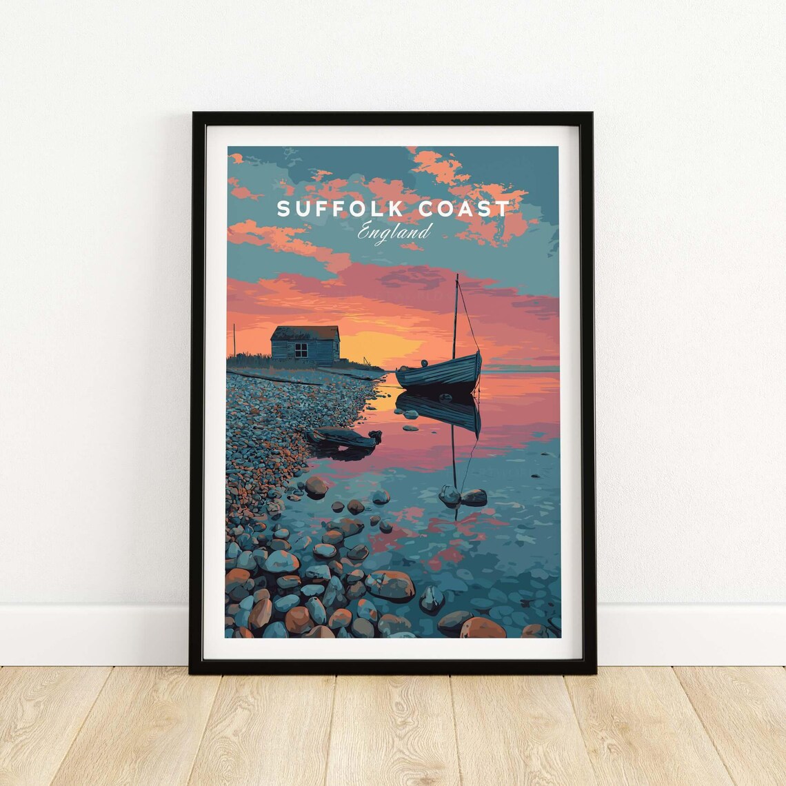 Suffolk Coast England Sunset Pebble Beach Boats Coastal Travel Poster