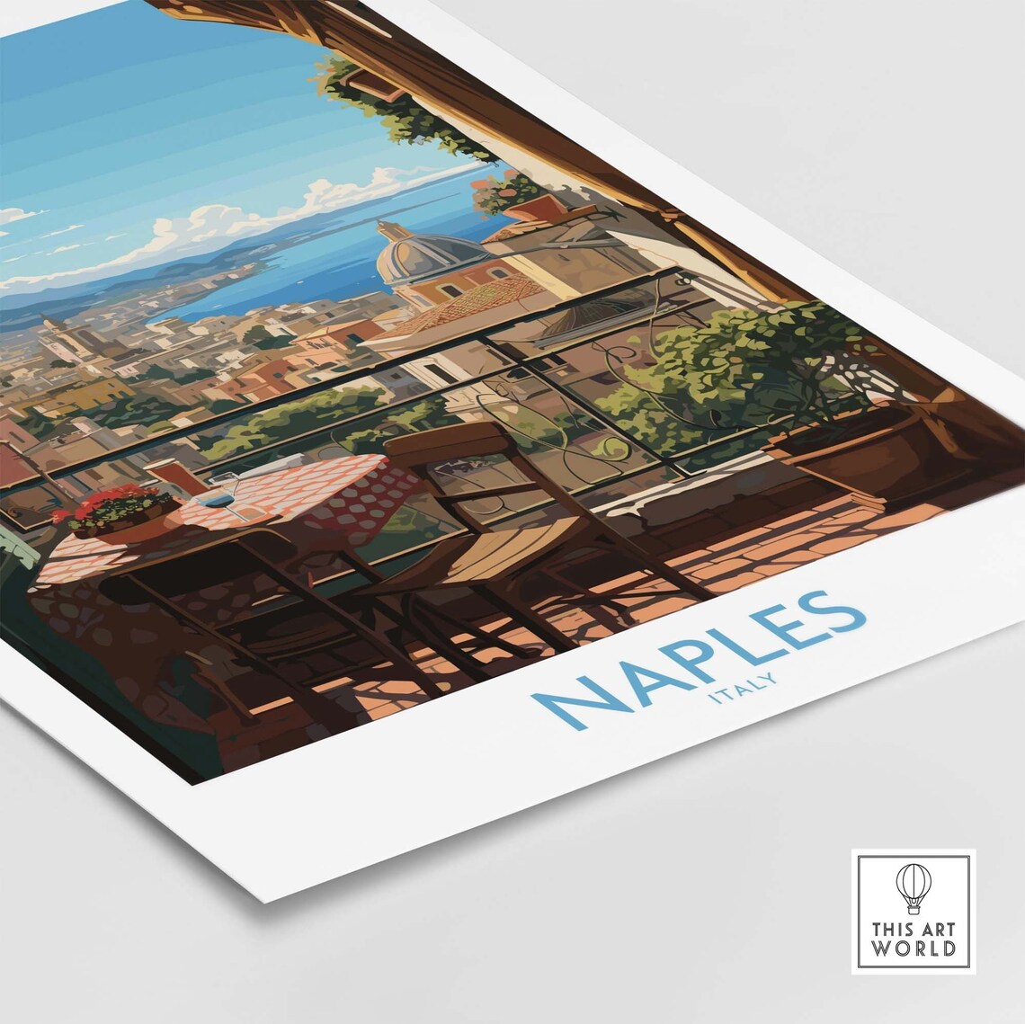 Naples Italy Balcony Cafe View Over Bay Blue Sea Travel Poster - Image 4