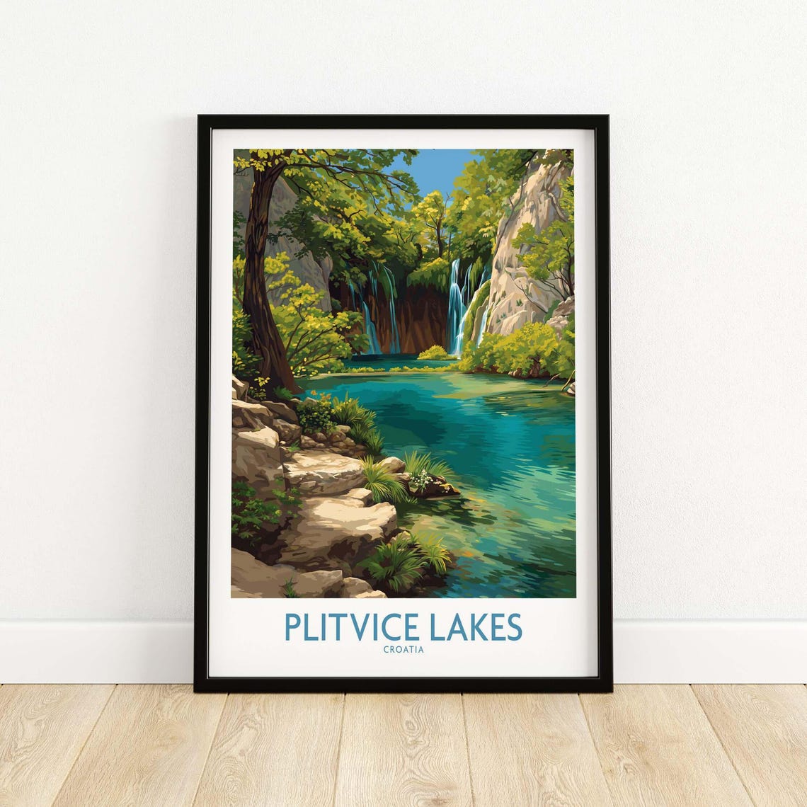 Plitvice Lakes Croatia Poster with Waterfalls and Turquoise Lakes