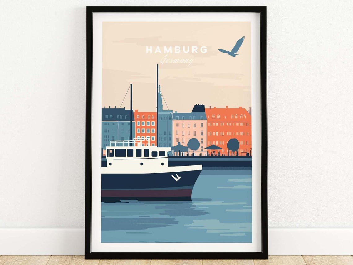 Hamburg Germany Harbor Ship Waterfront Warehouses Seagull Scene Poster
