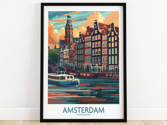 Dutch Travel Poster Amsterdam Art Wall Print Home Decor Museum Style Illustration Gift For Lover Office Hanging