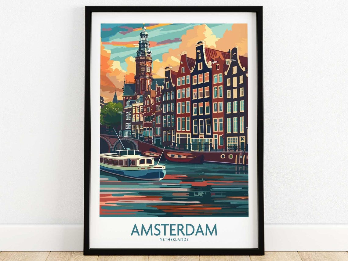 Dutch Travel Poster Amsterdam Art Wall Print Home Decor Museum Style Illustration Gift For Lover Office Hanging