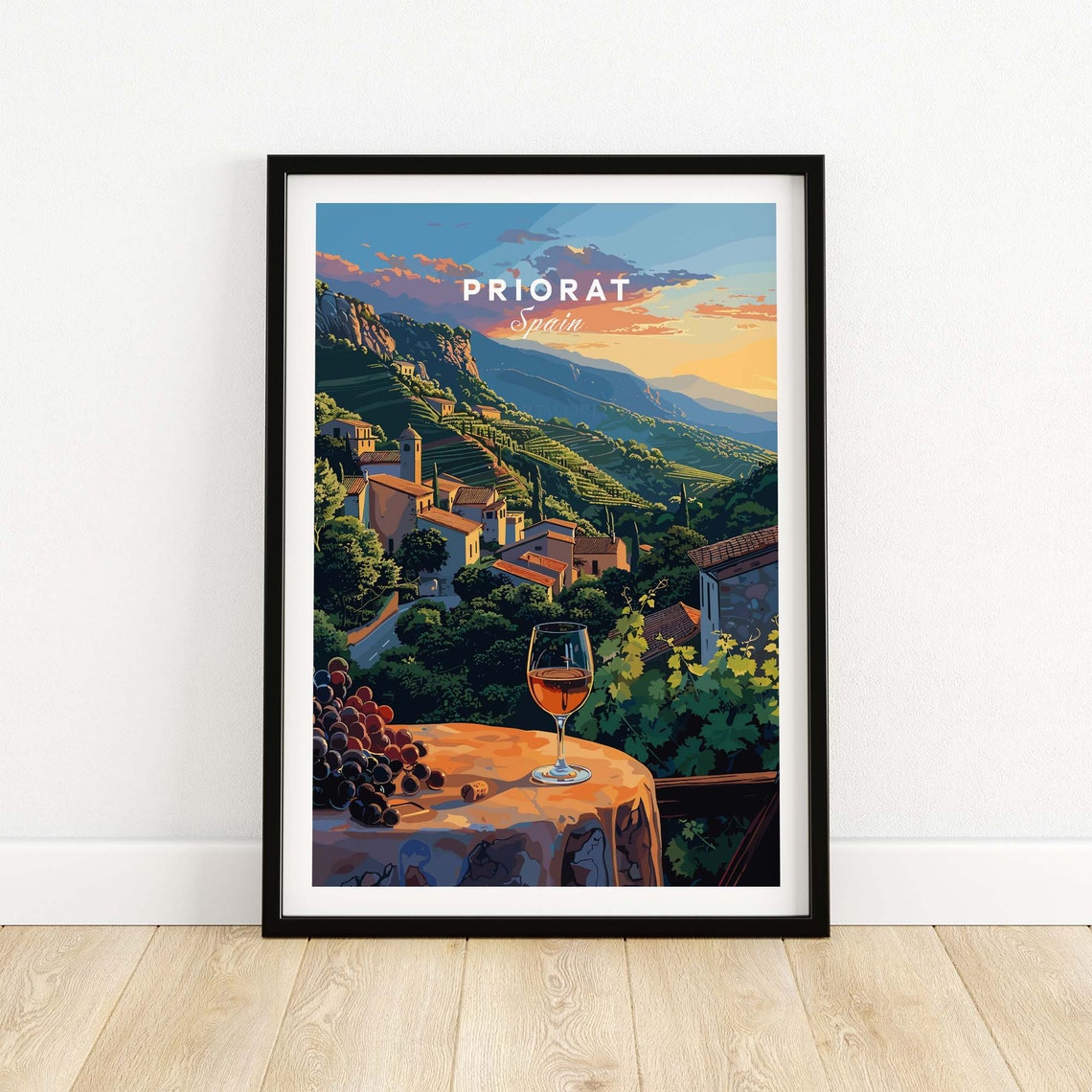 Priorat Spain Hillside Village Wine Glass Sunset Scenic Poster