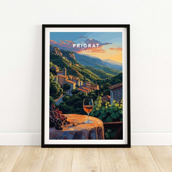 Priorat Spain Hillside Village Wine Glass Sunset Scenic Poster