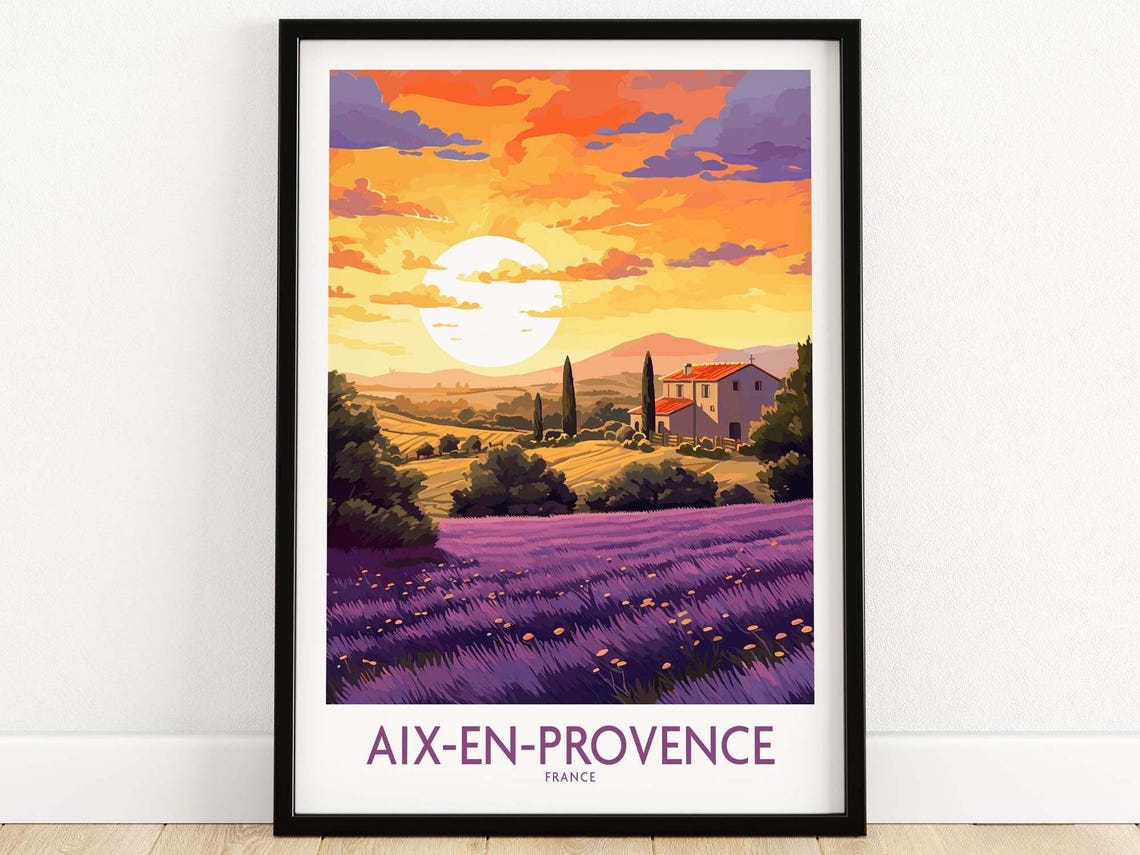 Aix en Provence France Lavender Field Golden Sunset Travel Poster