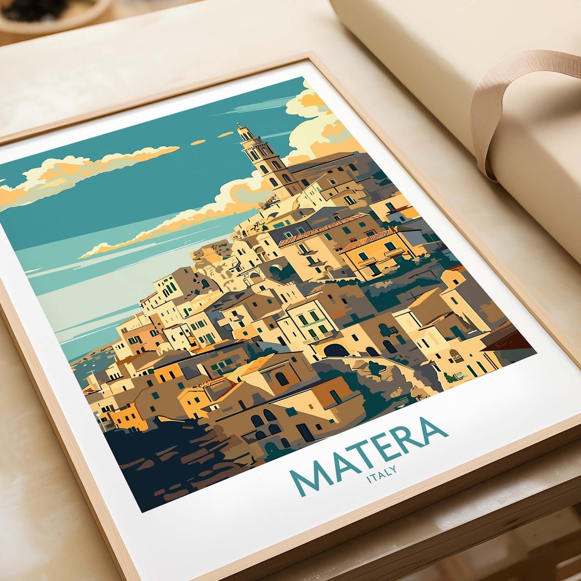 Matera Italy Sunlit Rooftops Bell Tower Warm Golden Light Poster