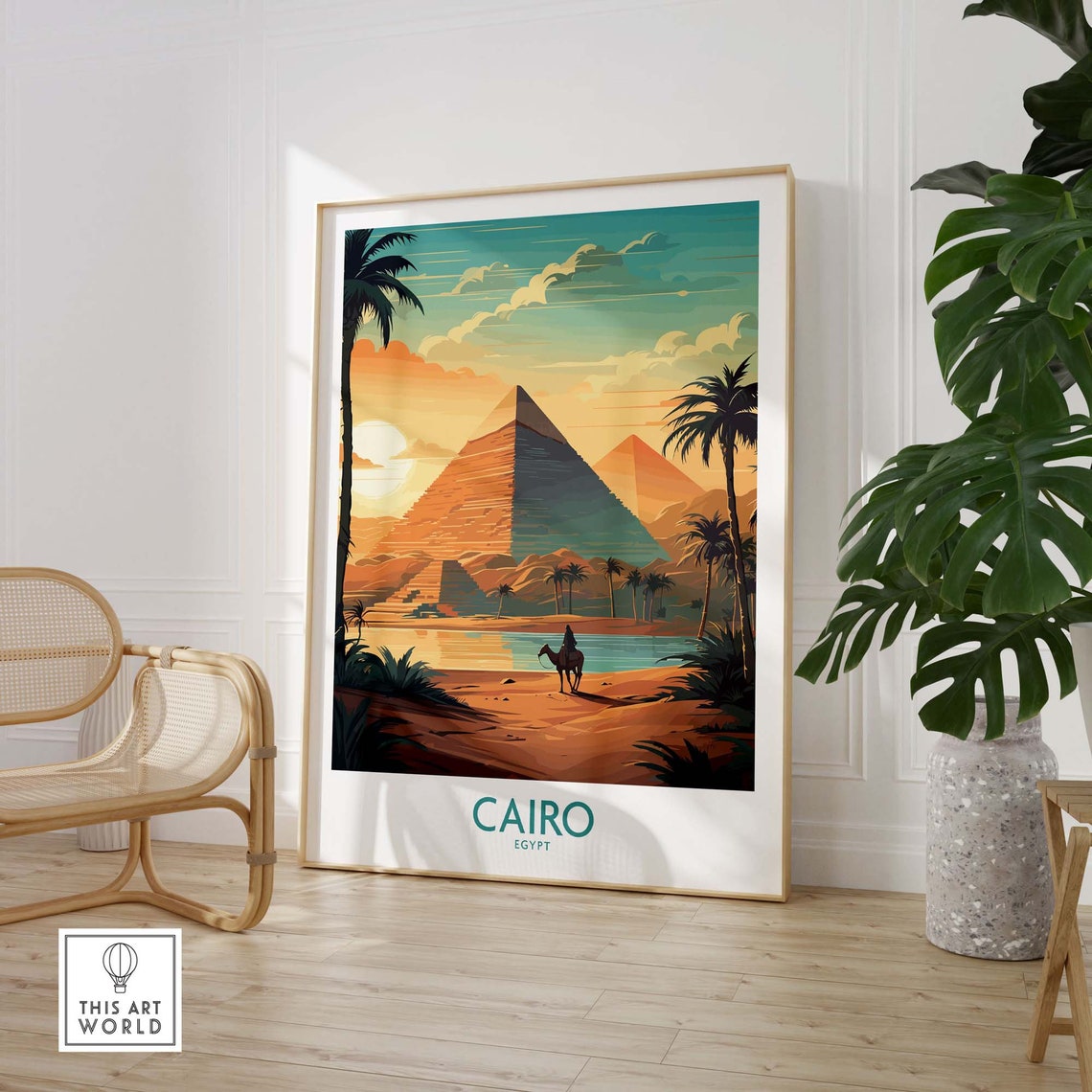 Retro Cairo Egypt Pyramids Sunset Camel Rider Golden Light Poster - Image 3