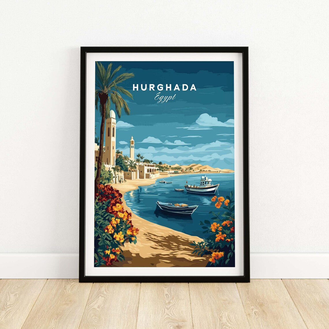 Hurghada Egypt Red Sea Coast Golden Minarets Fishing Boats Poster