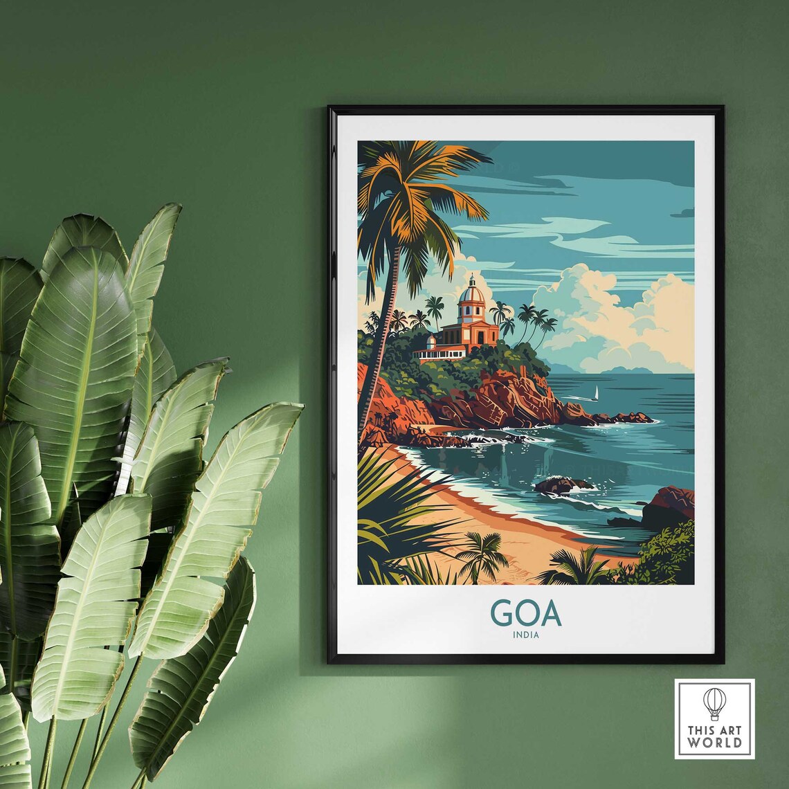 Goa India Rocky Coast Temple Hill Palm Beach View Travel Poster - Image 2