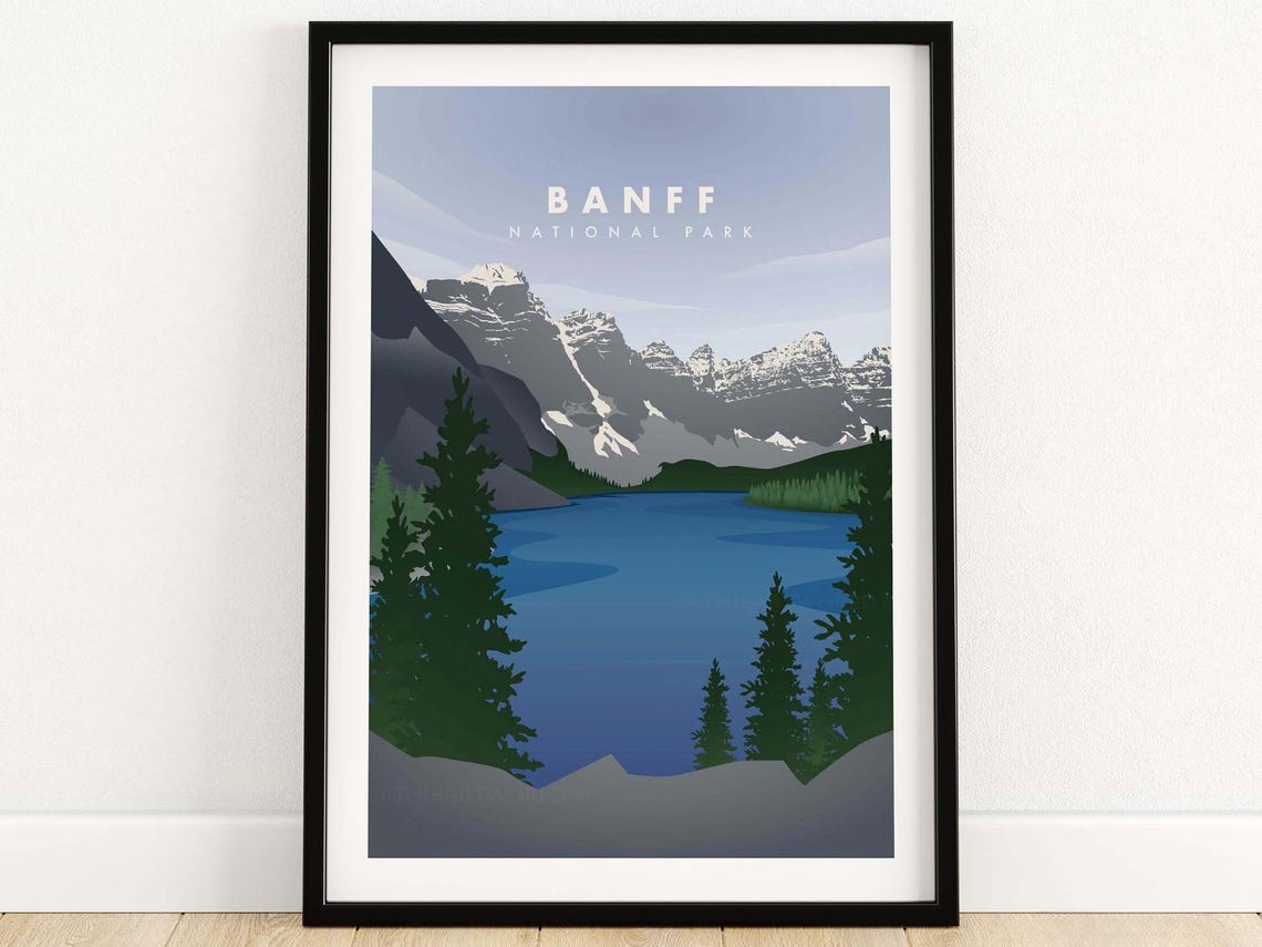 Banff National Park Canada Alpine Lake Peaks Illustrated Poster