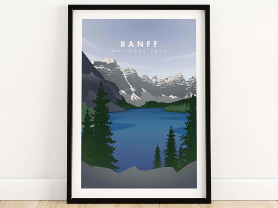 Banff National Park Canada Alpine Lake Peaks Illustrated Poster