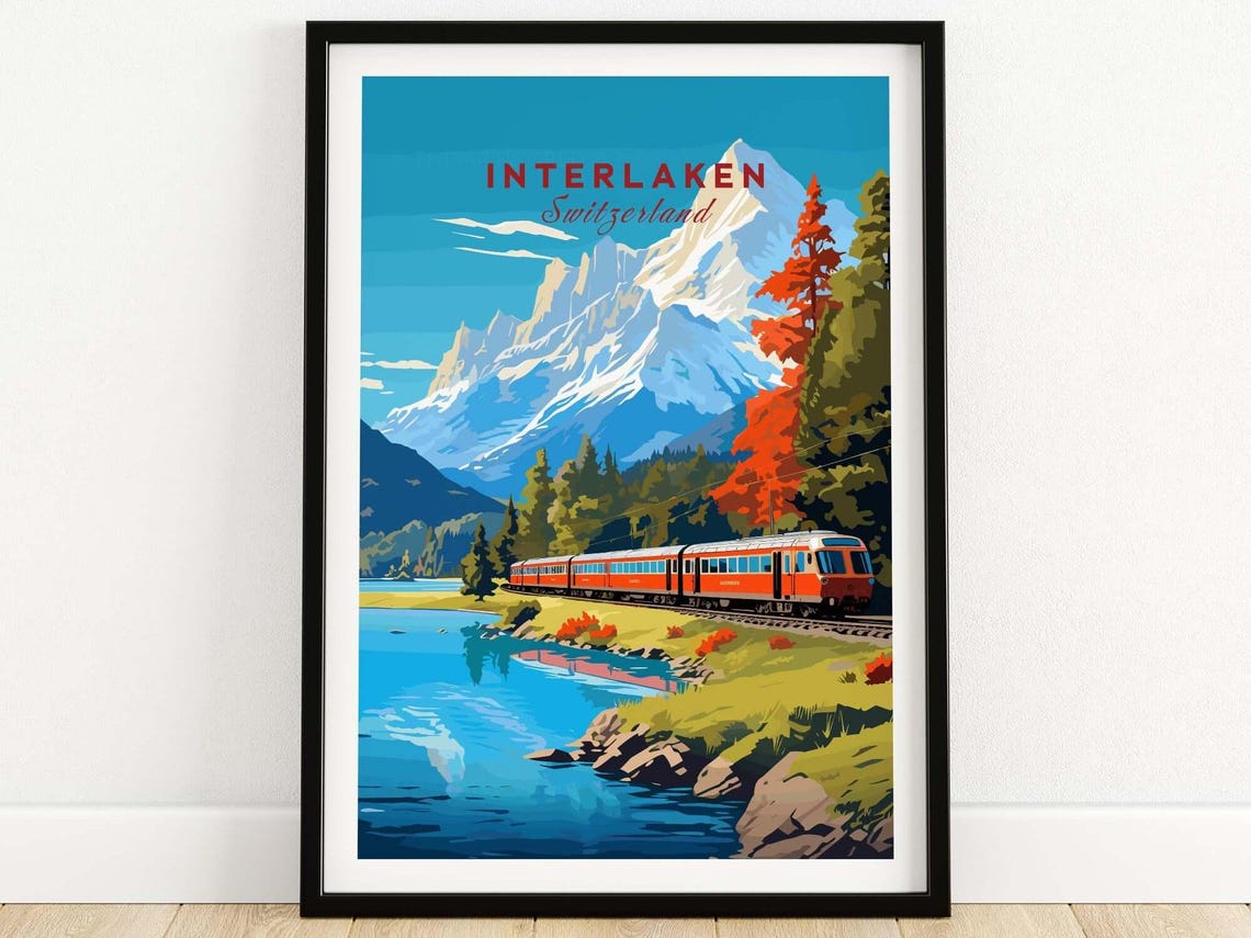 Interlaken Switzerland Red Train Alpine Lake Vintage Railway Poster