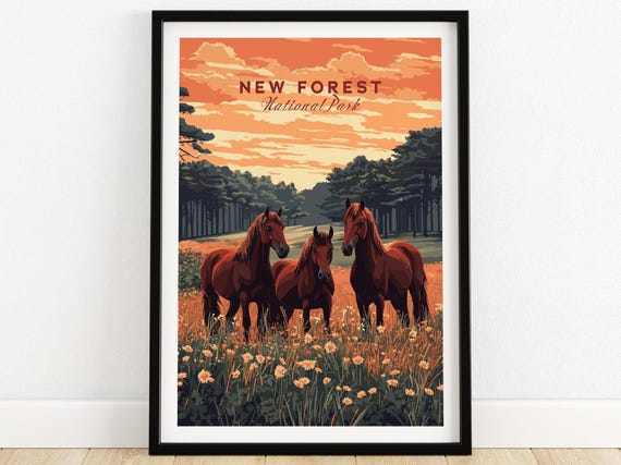 New Forest England Travel Poster, Landscape Illustration