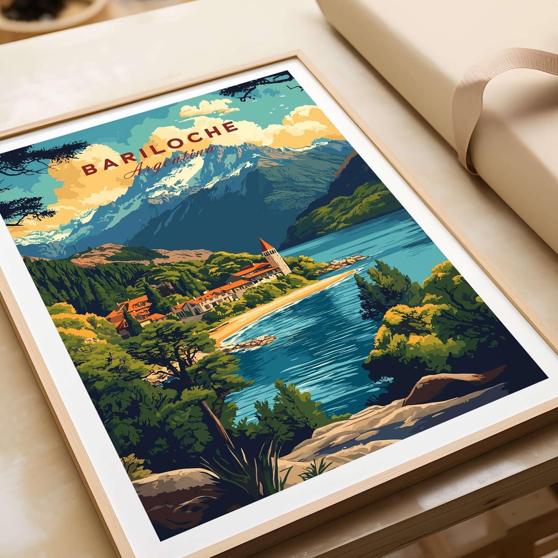 Bariloche Argentina Lakeside Hotel Snowy Peak Travel Art Poster
