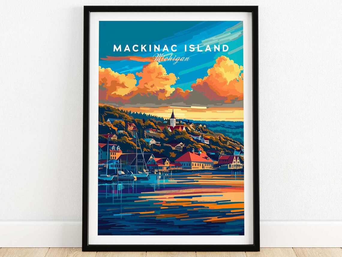 Mackinac Island Michigan Sunset Harbor Boats Hillside Village Poster