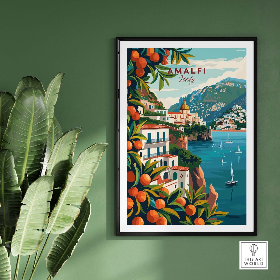 Amalfi Italy Orange Grove Cliffside Coast Sailboats Travel Poster - Image 2
