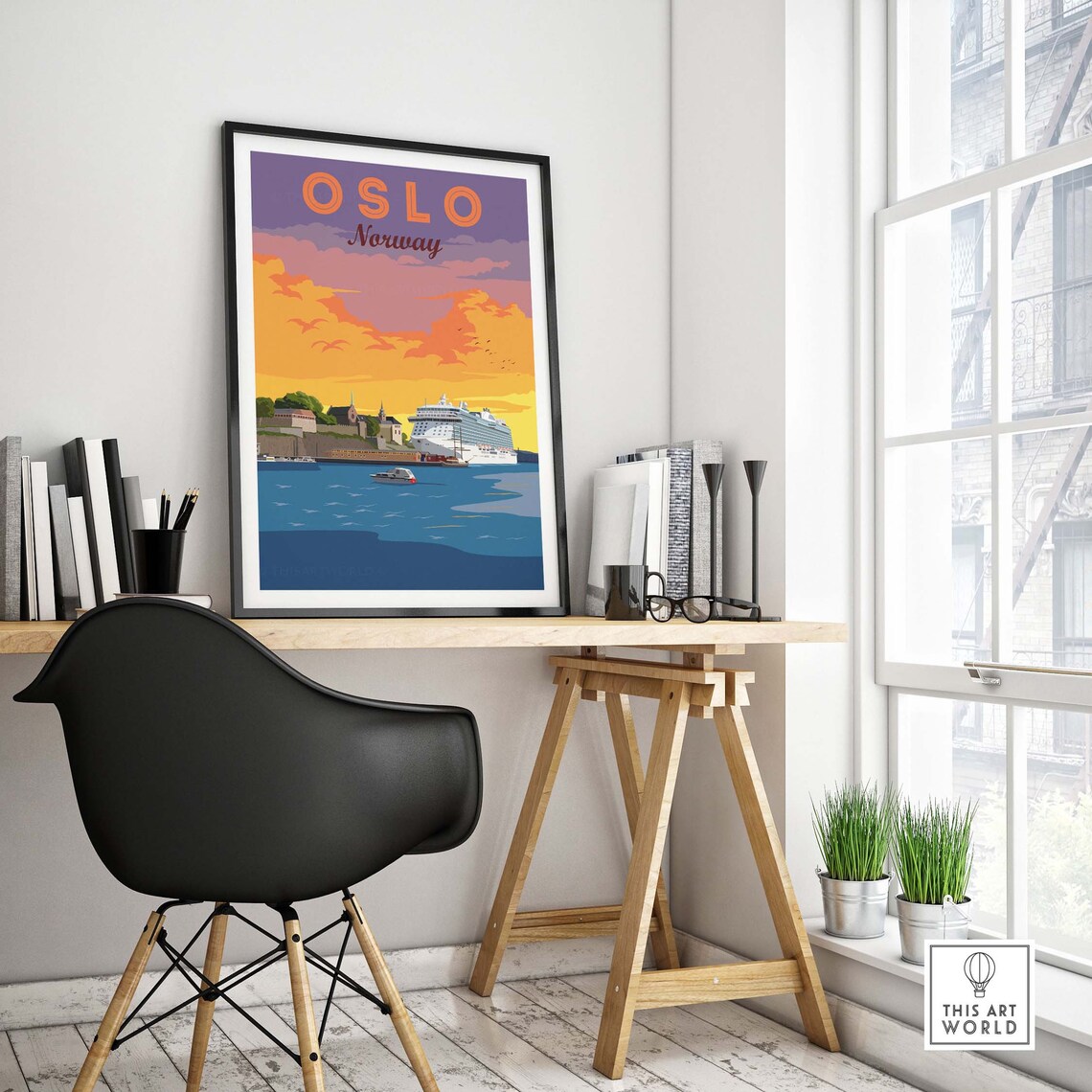 Oslo Norway Harbor Cruise Ship Sunset Sky Vintage Travel Poster - Image 4