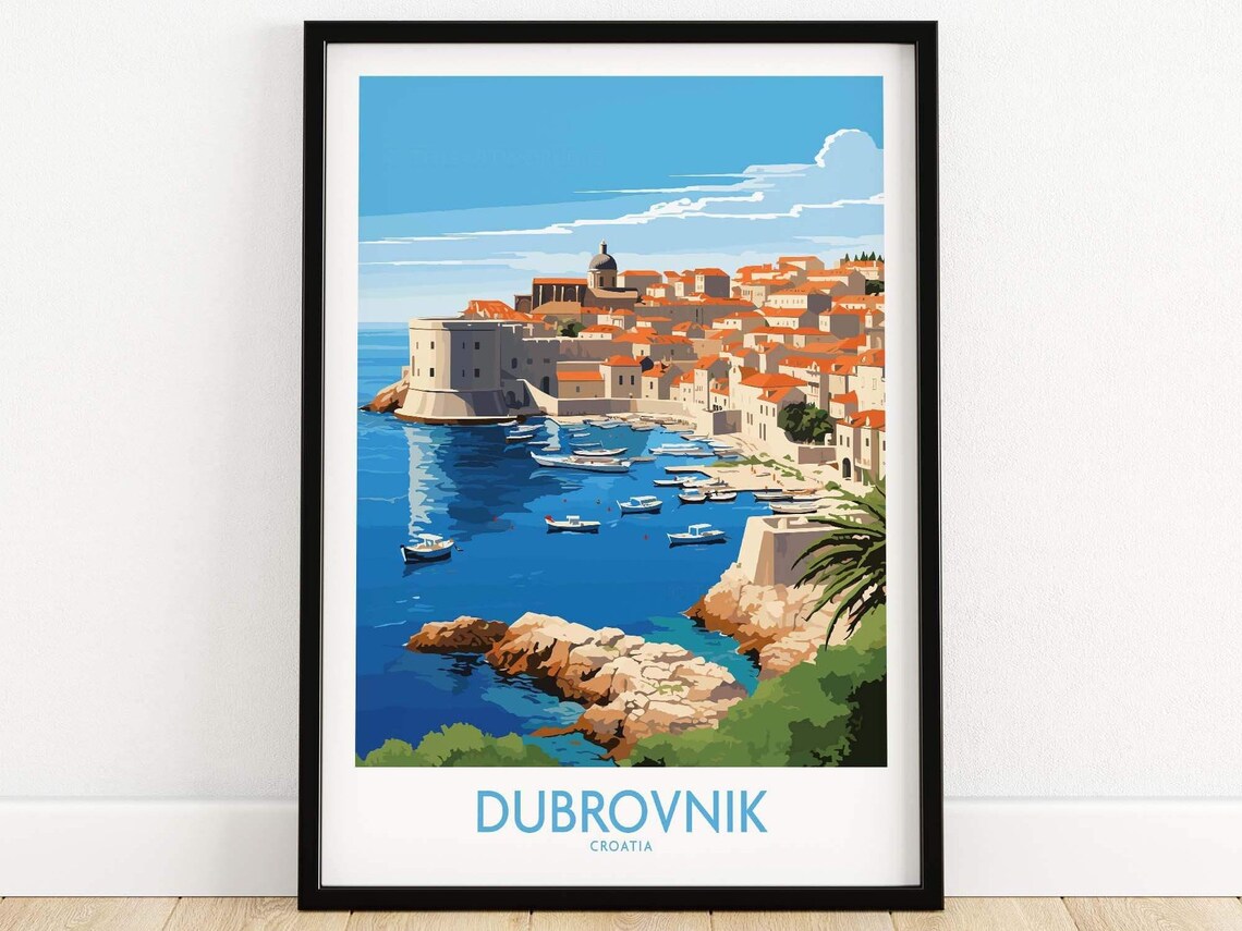 Dubrovnik Croatia Old Town Harbor Vintage Travel Poster Sunny Art