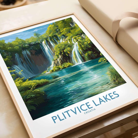Plitvice Lakes Waterfall Poster Croatia Travel Print Blue Lake Wall Decor Nature Artwork Wanderlust Gift Home Office Display