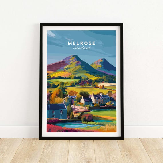 Melrose Scotland Village Travel Print Eildon Hills Poster Scottish Borders Art Rustic Home Decor Autumn Trees Illustration Nature Gift