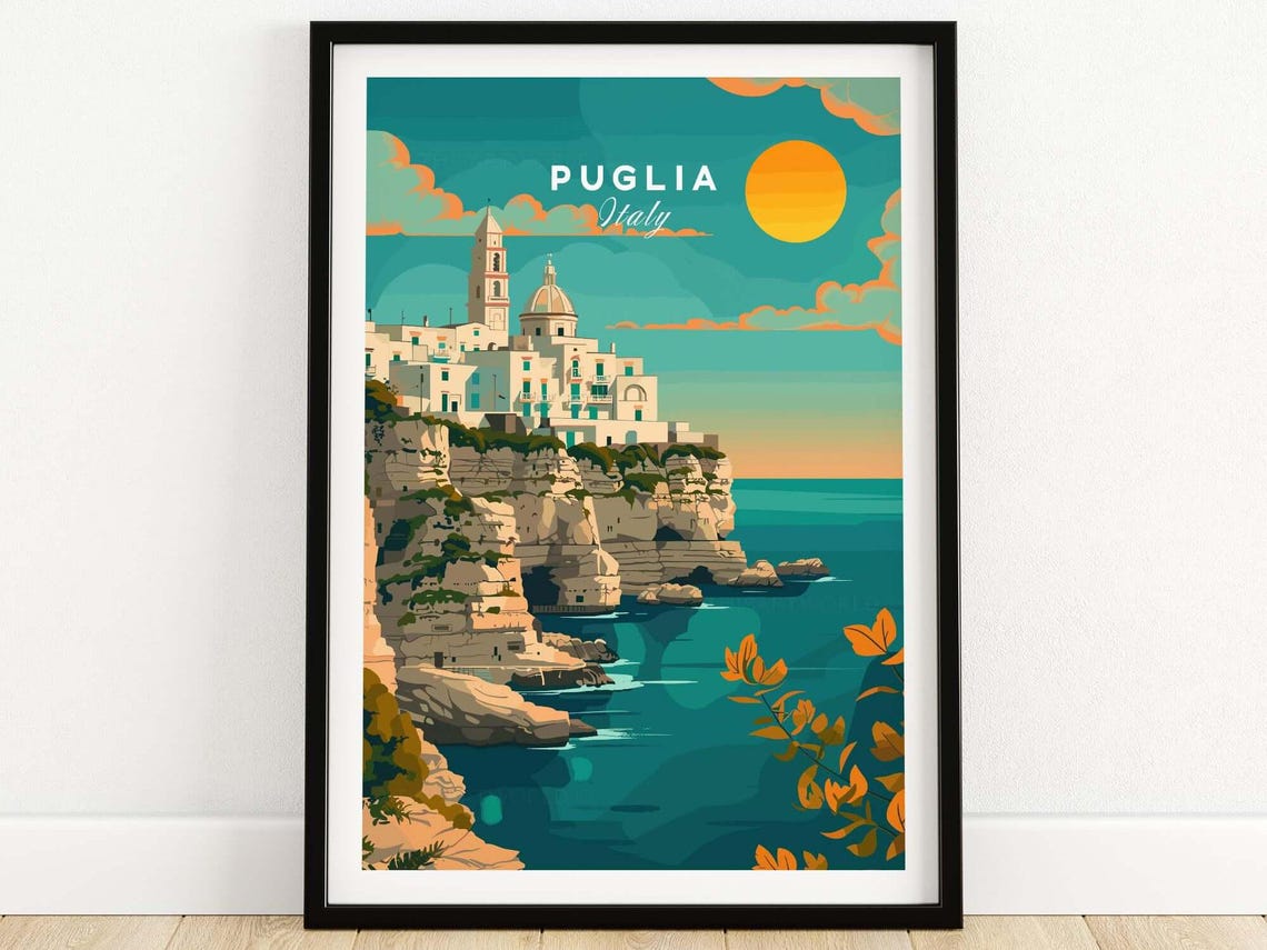 Puglia Italy Whitewashed Cliffside Town Azure Sea Travel Poster