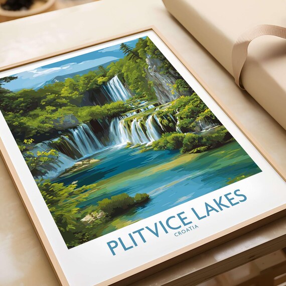 Plitvice Lakes Croatia Cascade Waterfalls Travel Illustration Poster