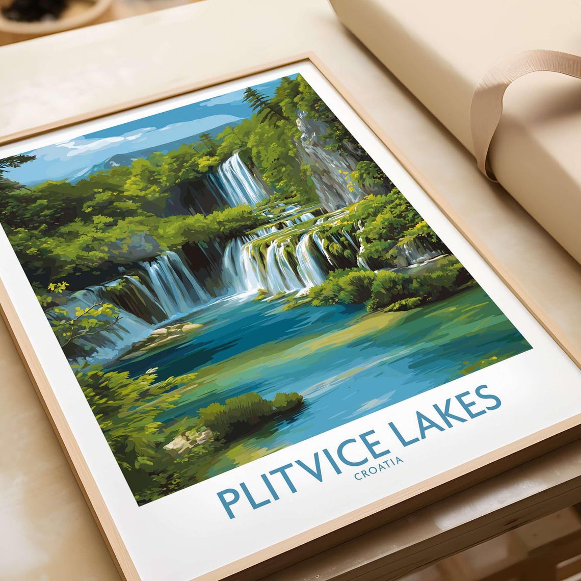 Plitvice Lakes Croatia Cascade Waterfalls Travel Illustration Poster