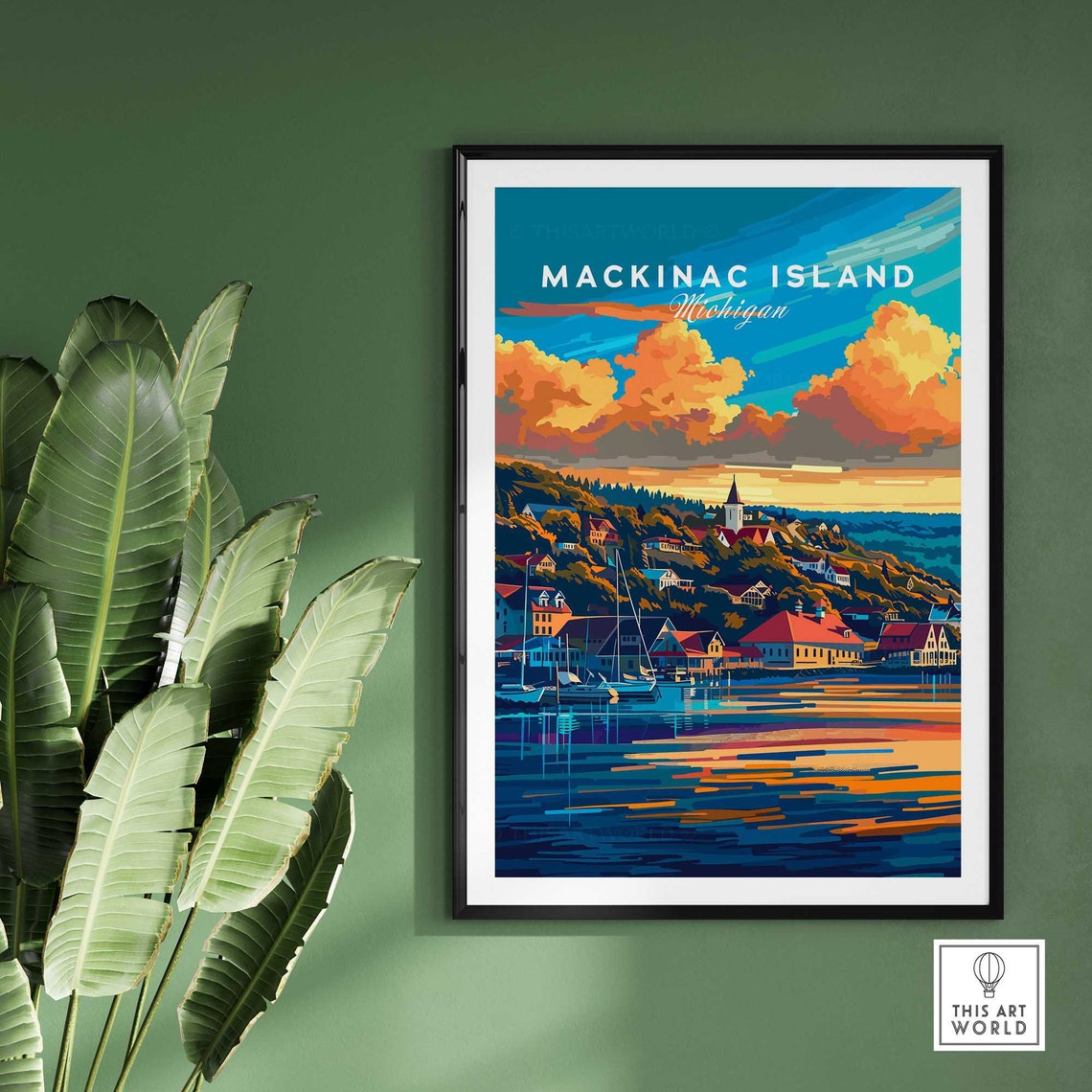 Mackinac Island Michigan Sunset Harbor Boats Hillside Village Poster - Image 2