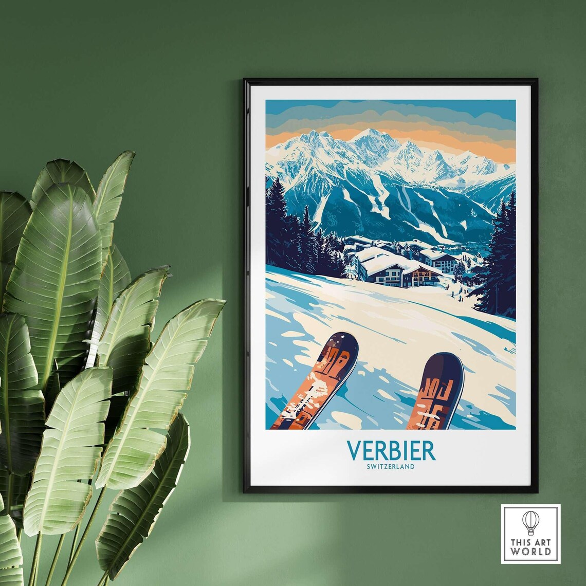 Verbier Switzerland Skis Snow Mountain Slopes Winter Travel Poster - Image 2