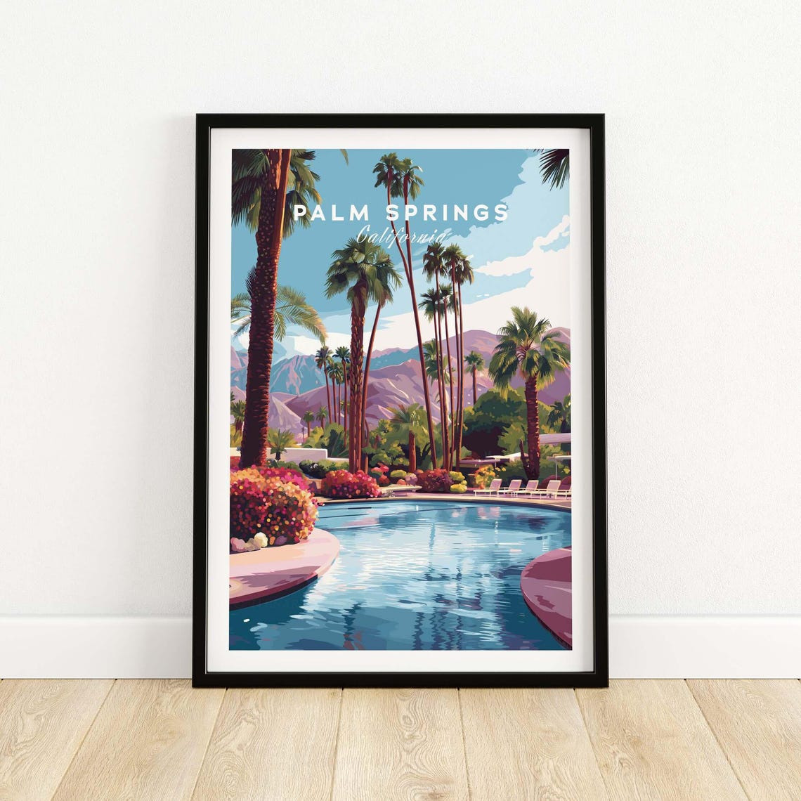 Palm Springs Tropical Poolside Print Desert Mountain View Luxury Matte Paper Framed Or Unframed Wall Art Illustration Travel Gift