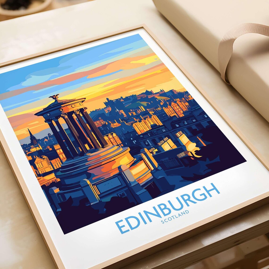 Edinburgh Scotland Sunset Skyline Monument Vintage Travel Poster