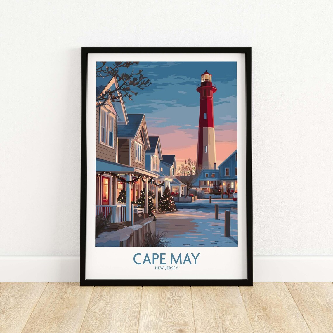 Cape May Christmas Lights Snowy Street Village Travel Poster